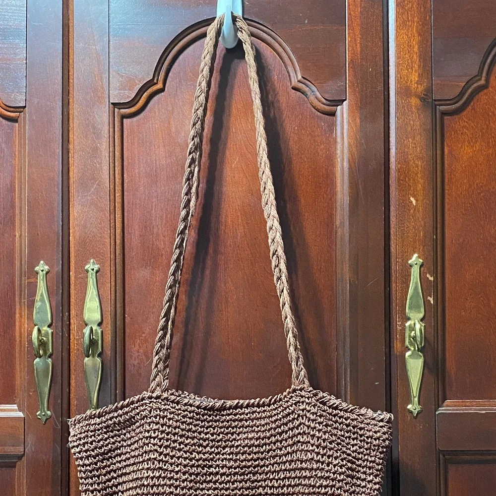 Jacqueline Ferrar vintage Brown paper straw Woven double handle Tote Bag